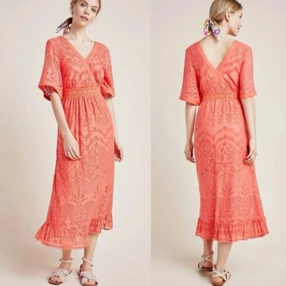 Farm Rio x Anthropologie Devore Coral Lace Maxi Dress - Picture 1 of 6